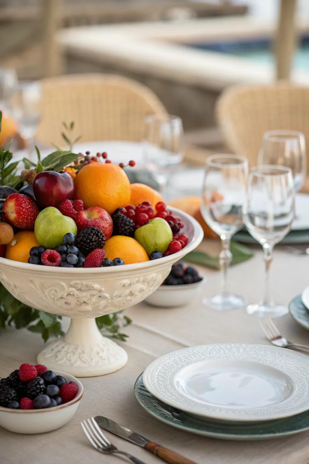 A dining table with a centerpiece bowl filled with colorful fresh fruit.