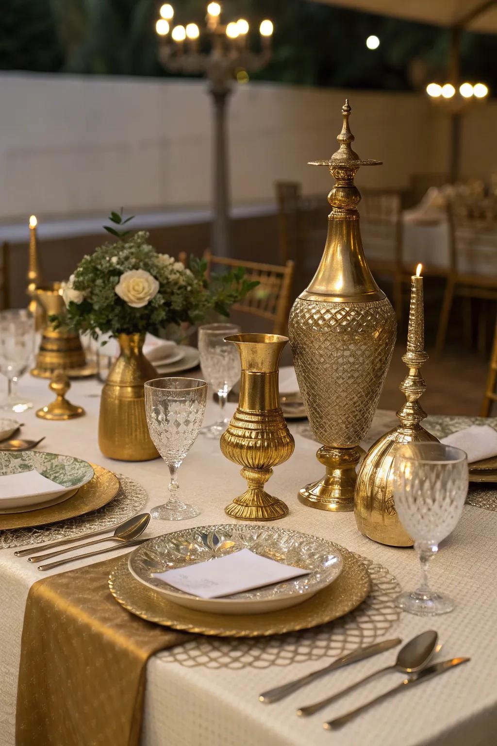 Metallic accents like gold vases add a touch of luxury.