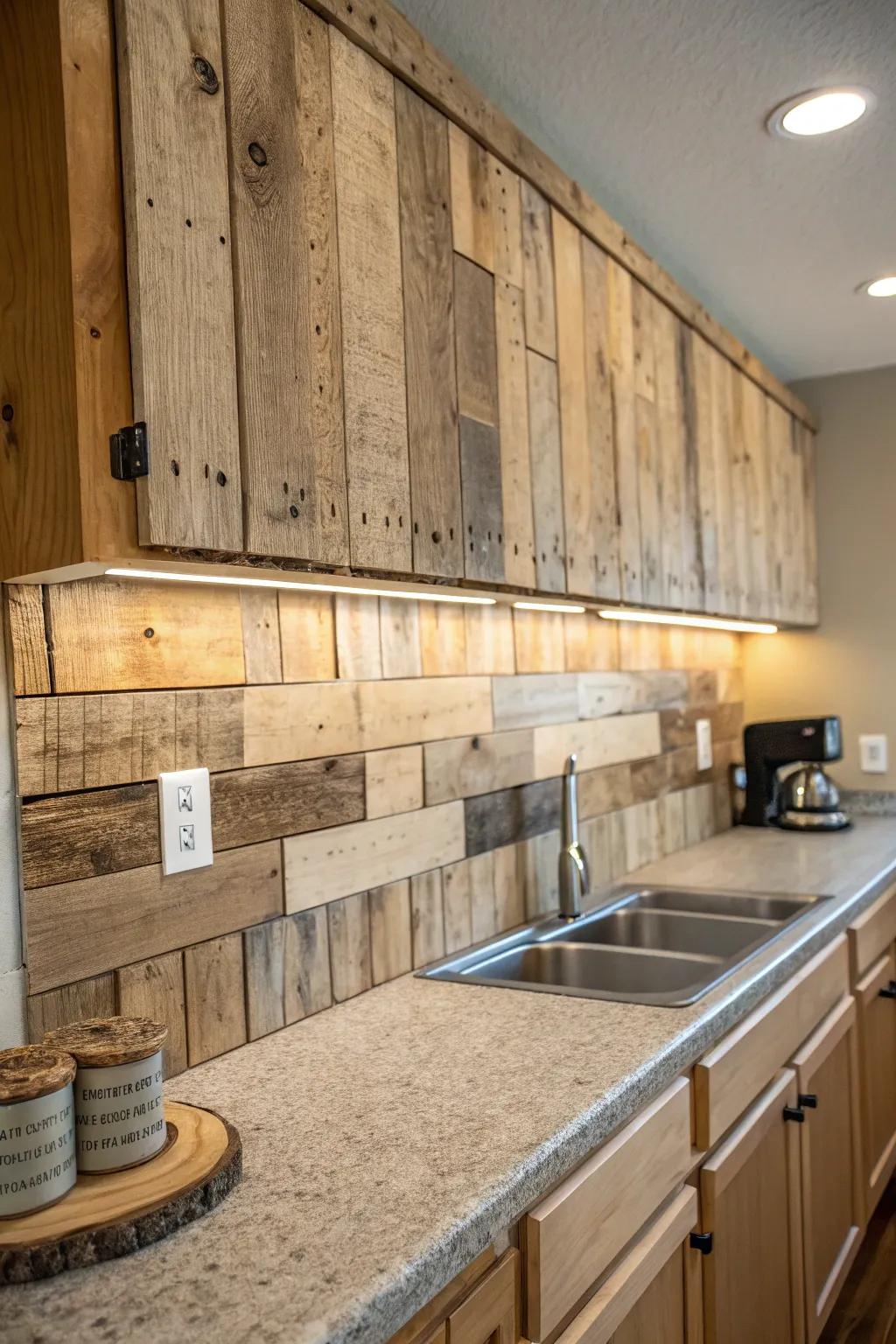 Wood pallets create a natural and cozy kitchen atmosphere.