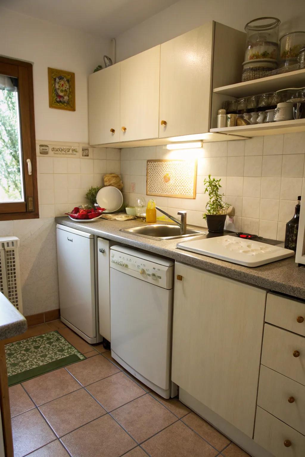 Dishwasher positioned at the counter's end for a smooth kitchen flow.