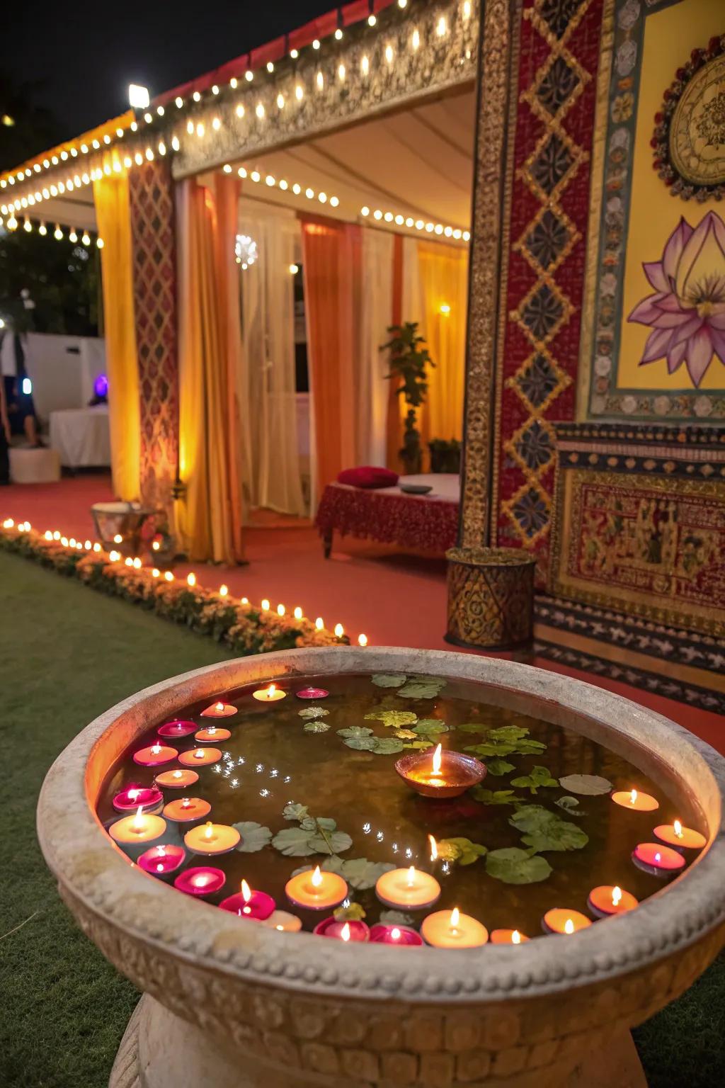 Floating candles creating a tranquil atmosphere in the booth.