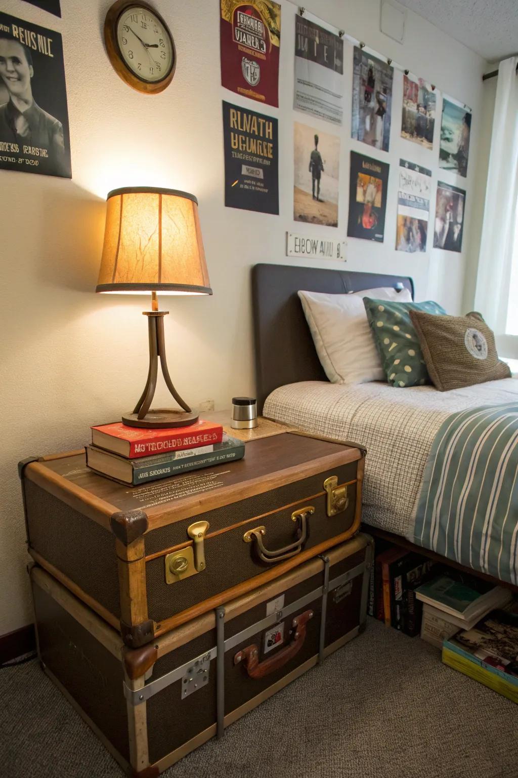 A vintage suitcase brings character and unique style to your dorm room.