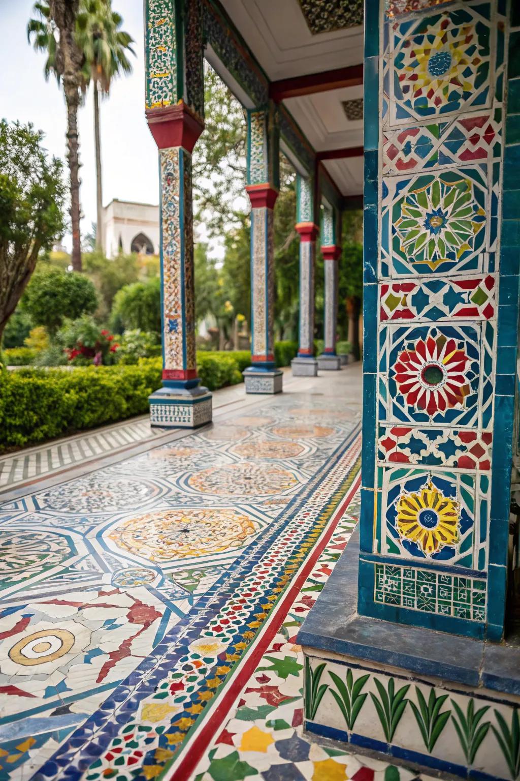 A mosaic patio adds artistic flair to the garden.