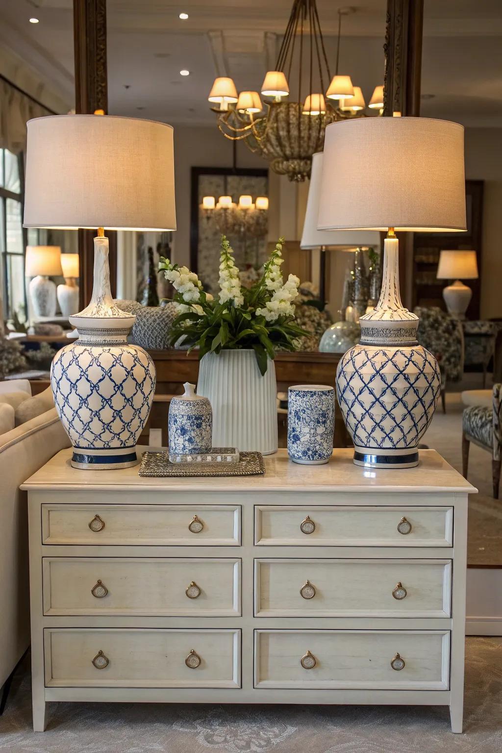 Symmetrical arrangements bring sophistication to the dresser.