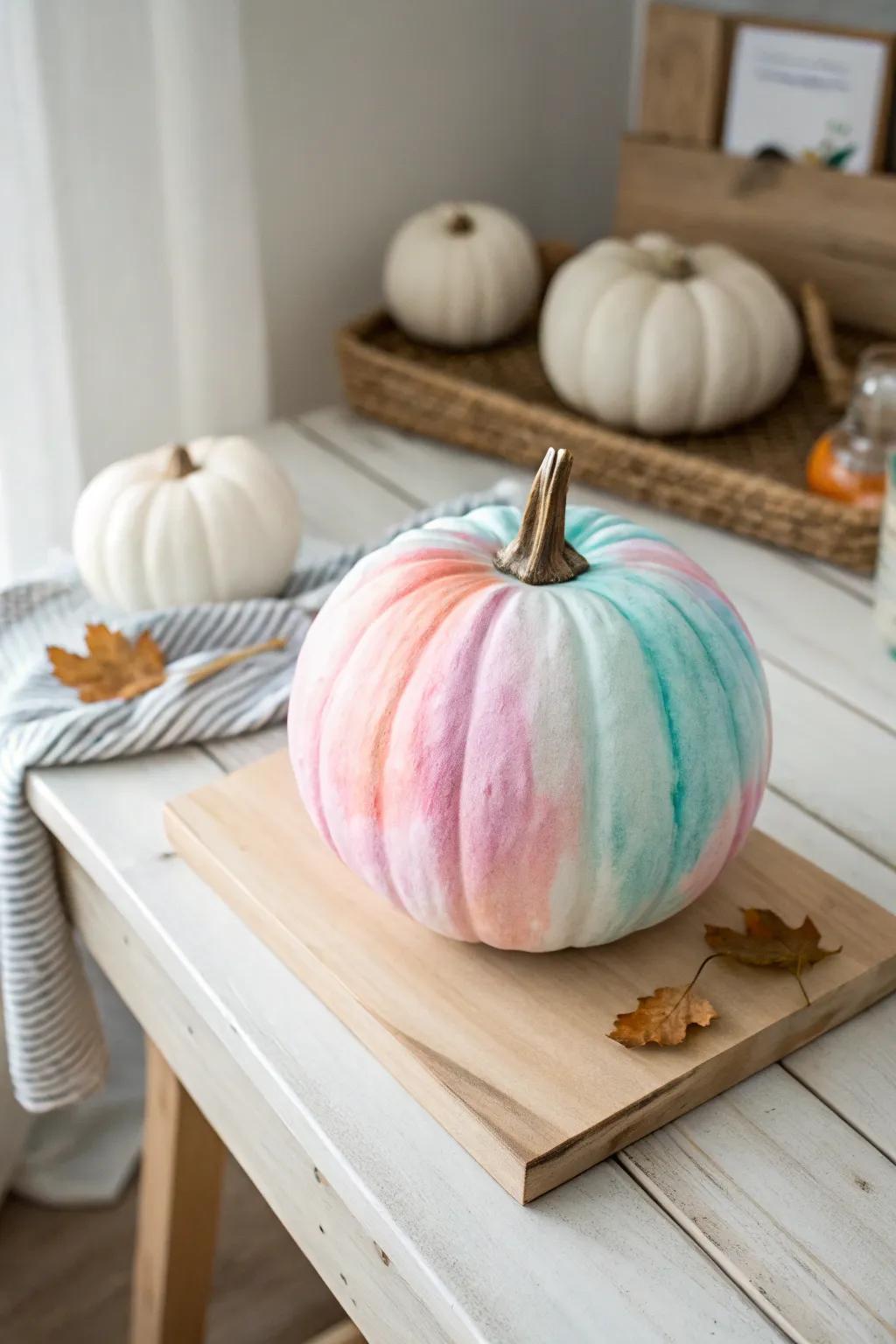 Watercolor techniques create a soft and whimsical pumpkin design perfect for a gentle Halloween touch.