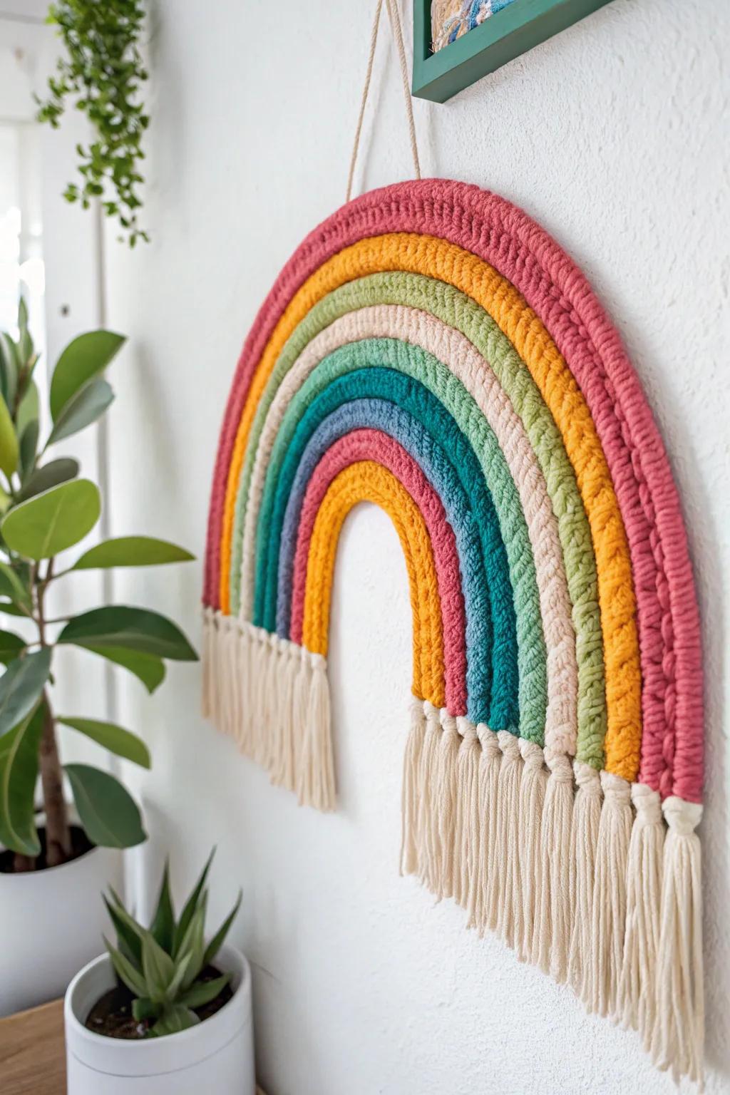 Rainbow yarn art for a vibrant display.