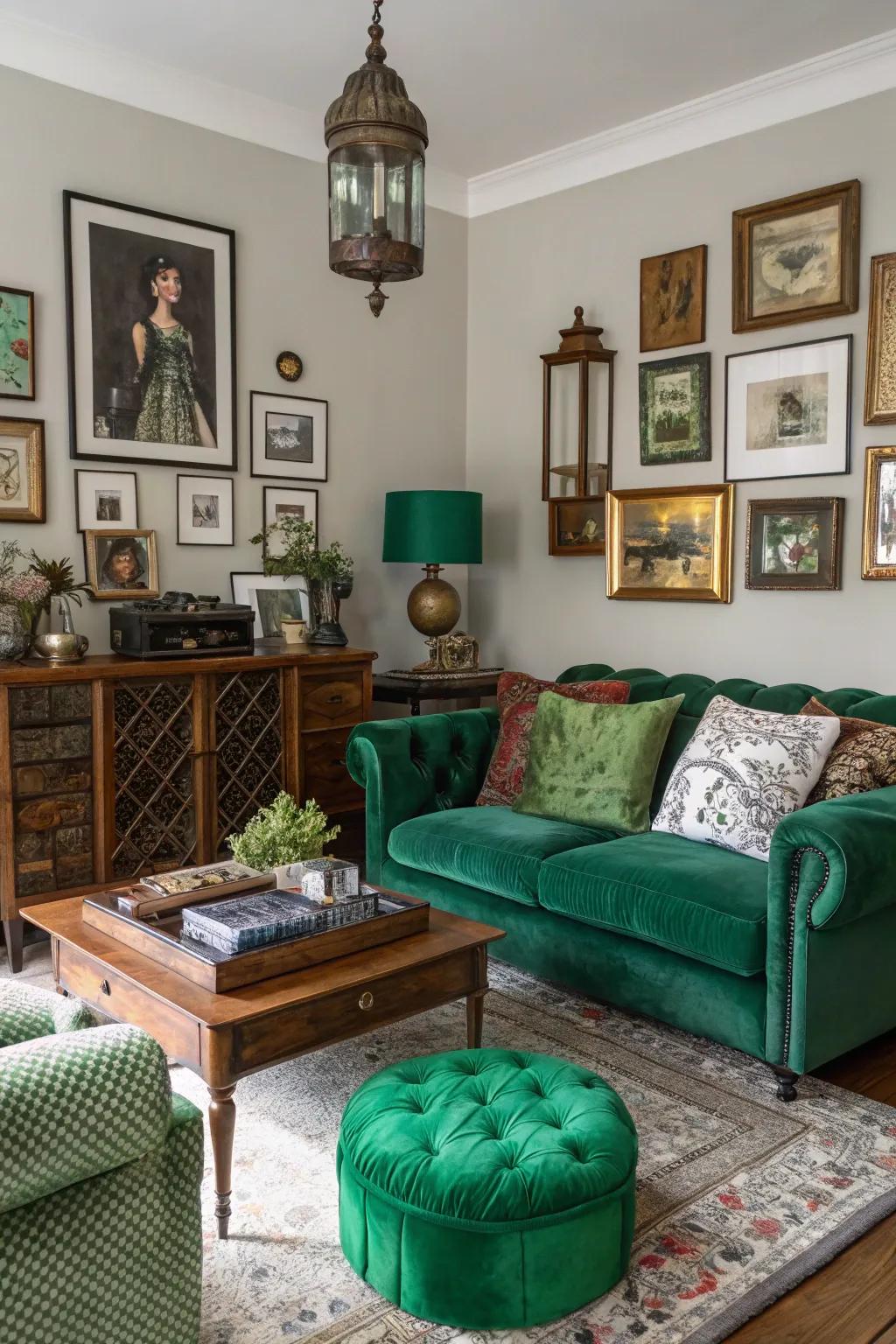 Eclectic accessories add personality to emerald green decor.