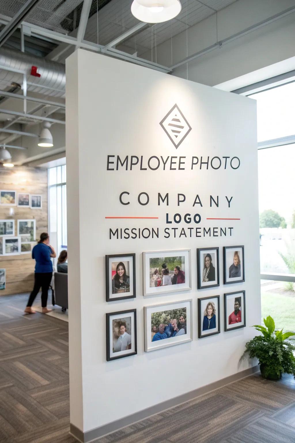 A photo wall that reflects the company's cultural identity and shared values.