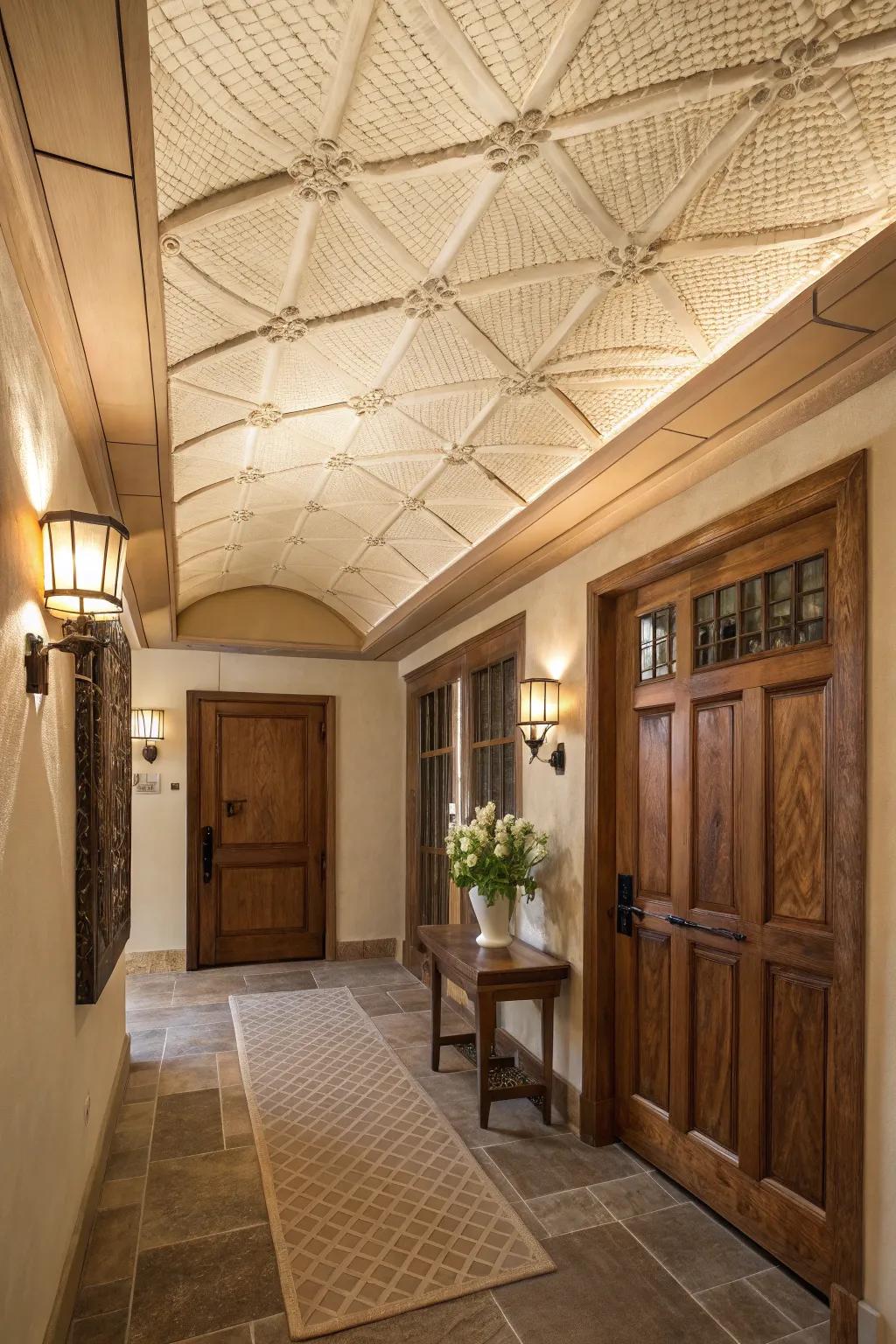 Textile panels can add coziness to your entryway ceiling.