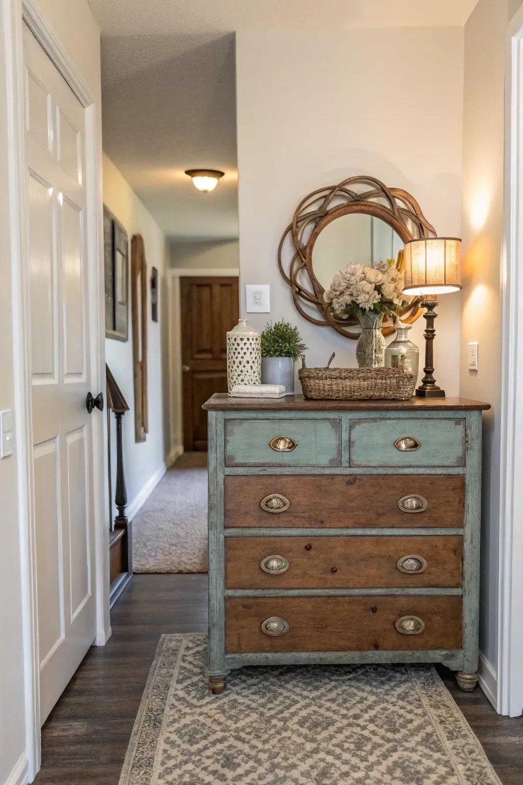 A repurposed dresser adds charm and function to the entryway.