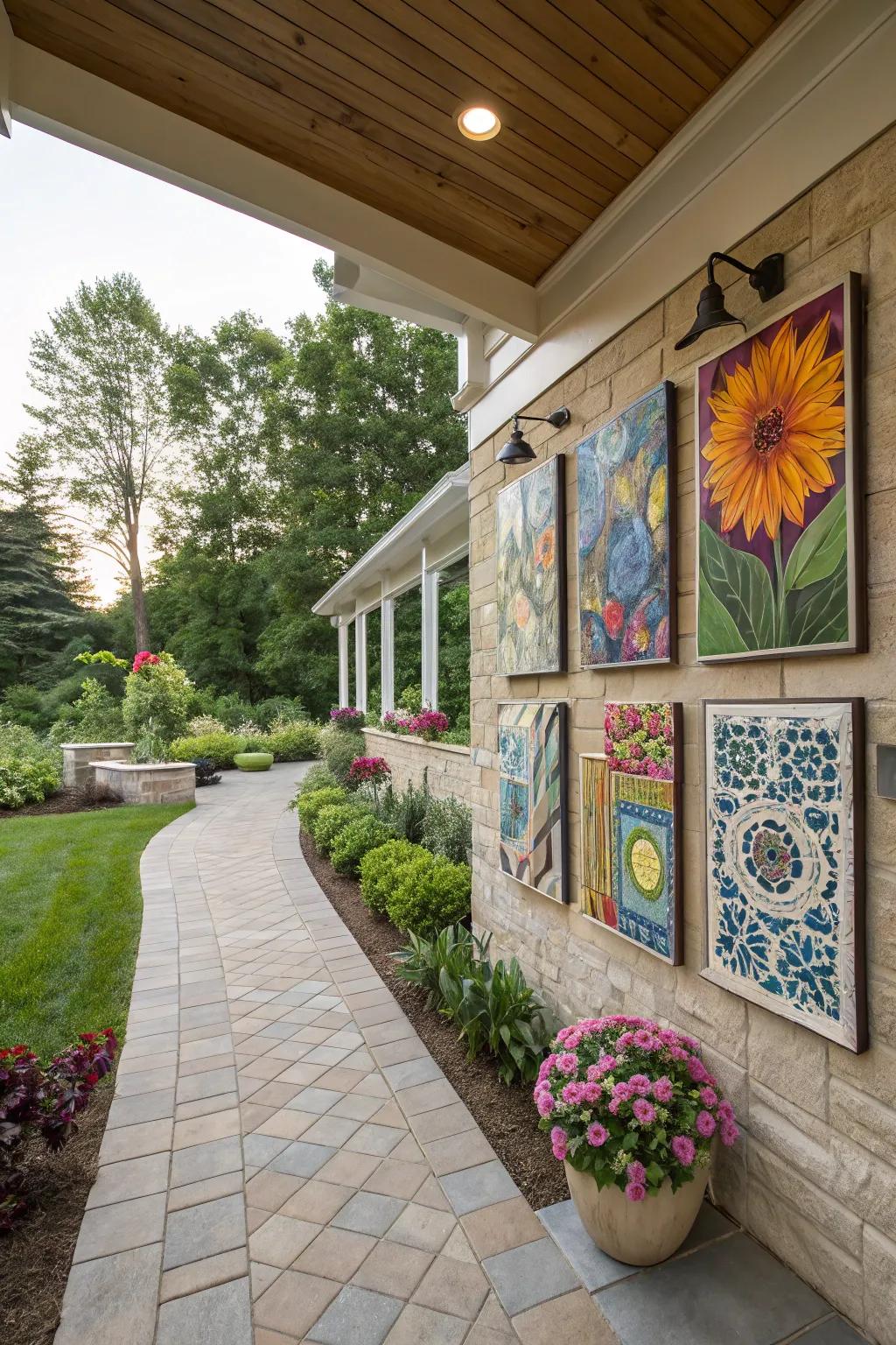 Add character with an outdoor art gallery on your patio wall.