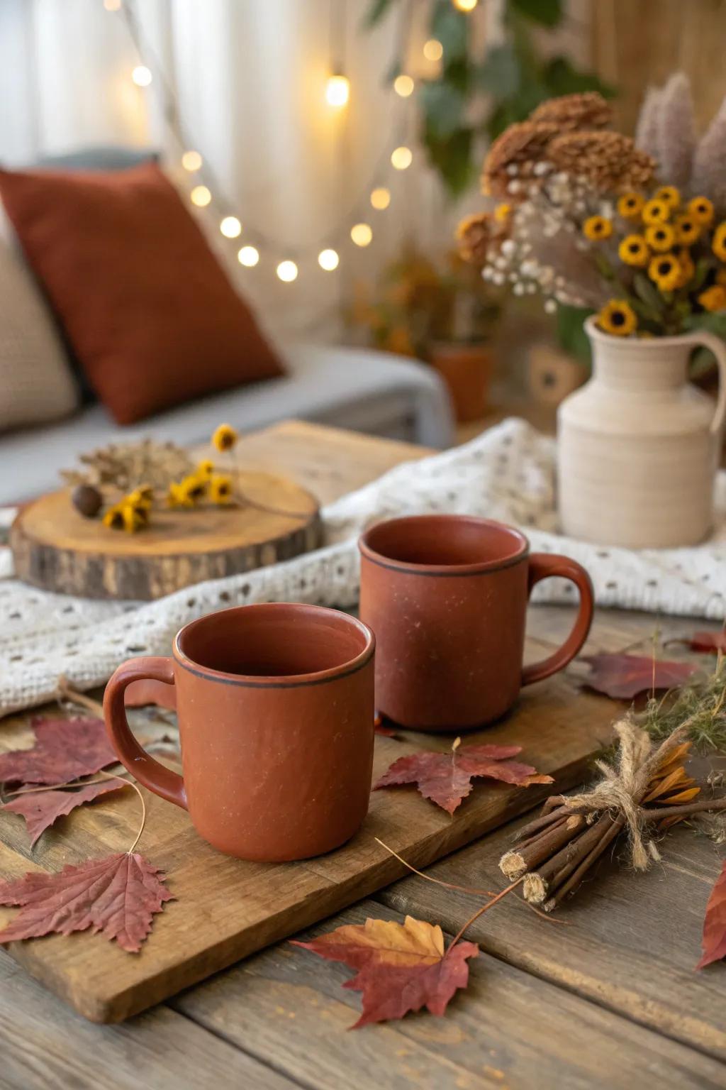 Textured terracotta mugs with earthy appeal.