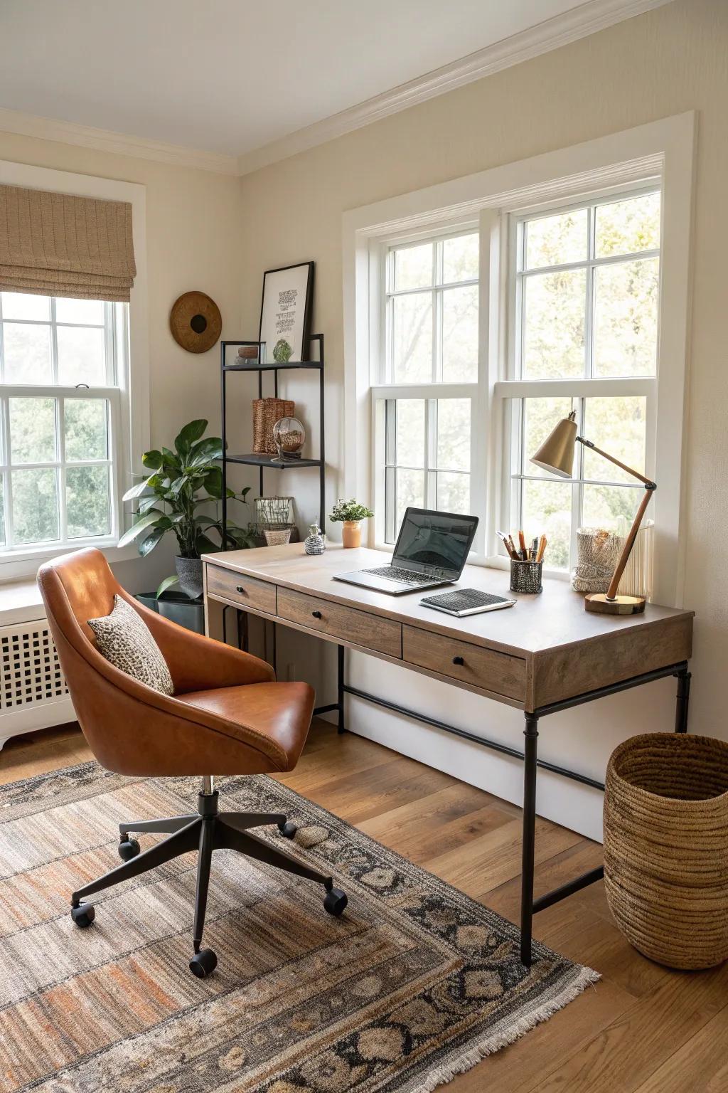 A family room with a discreet and functional work-from-home nook.