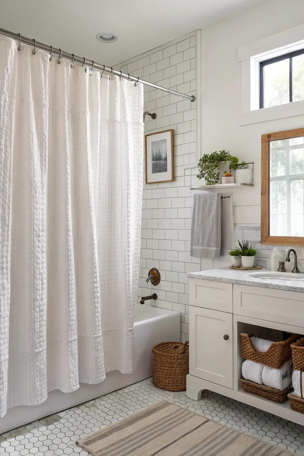 A bright bathroom with a seersucker fabric shower curtain, perfect for summer.