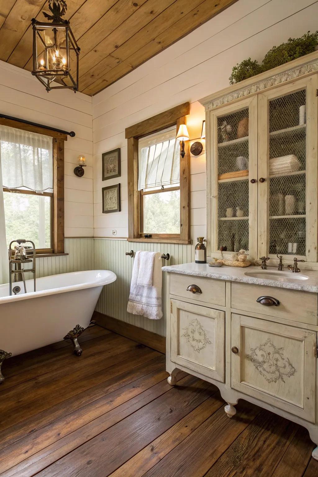 Vintage hardware adds historical charm to this farmhouse bathroom.