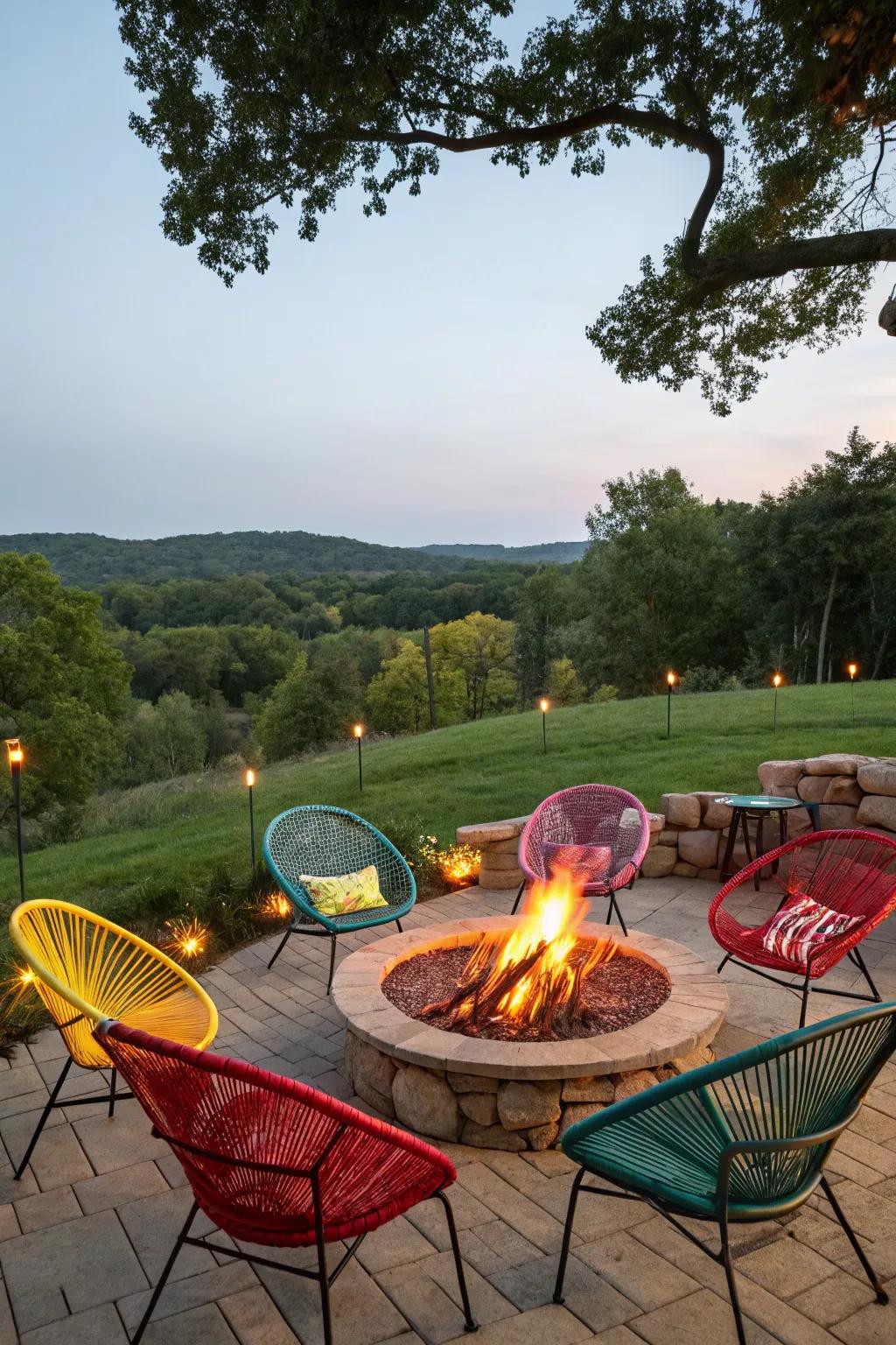 Colorful wicker chairs brighten up the fire pit area.