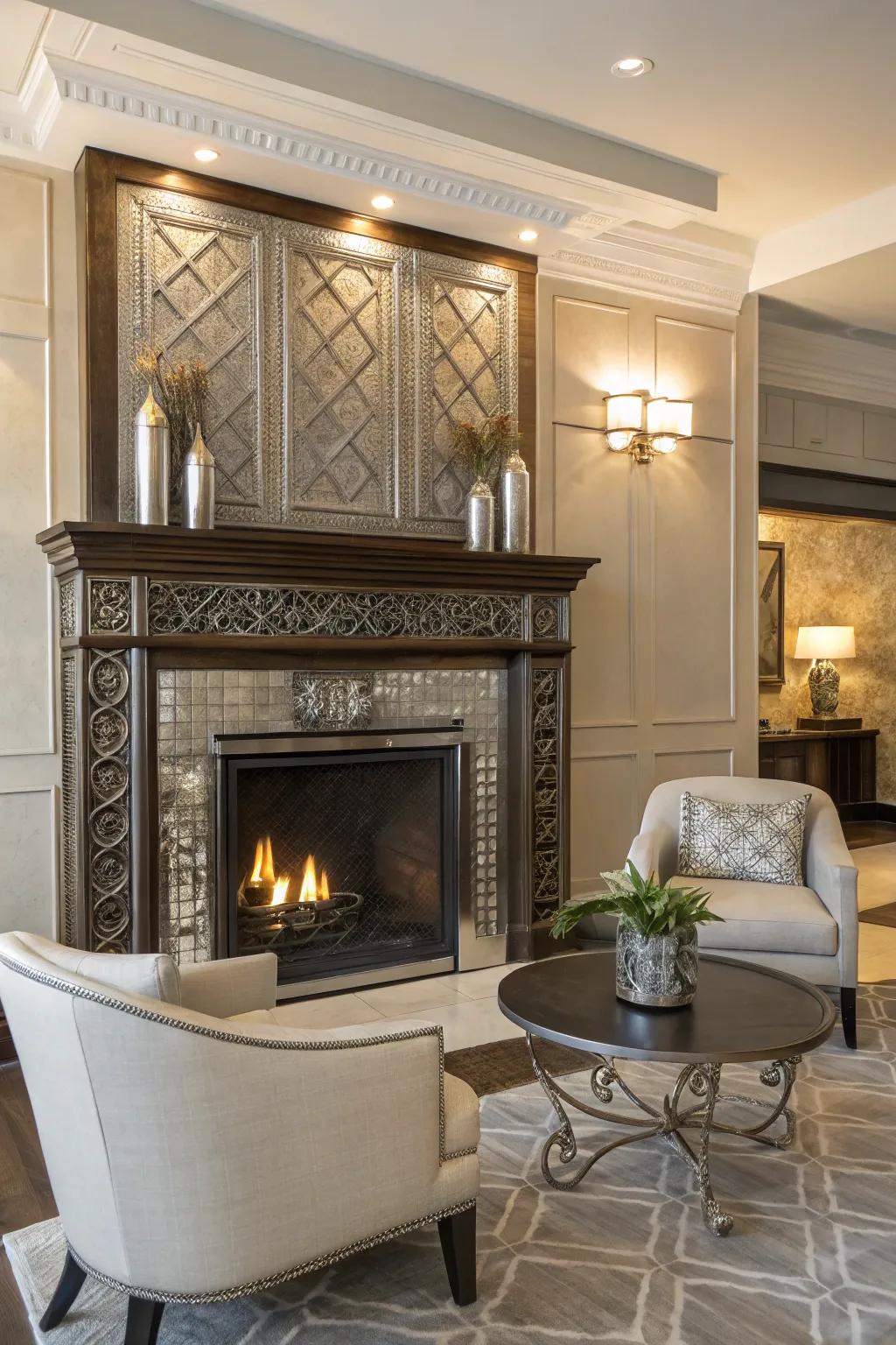 Metallic elements add a touch of glamour to this fireplace.