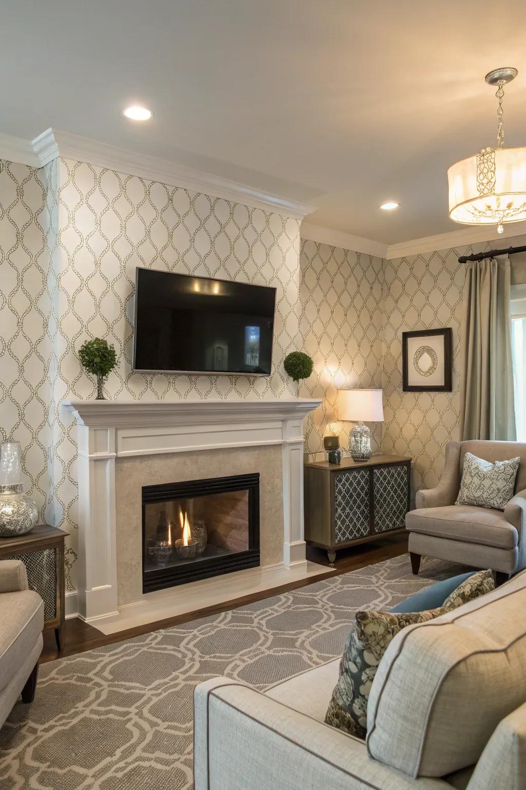 A living room featuring textured wallpaper on a fireplace wall with TV.