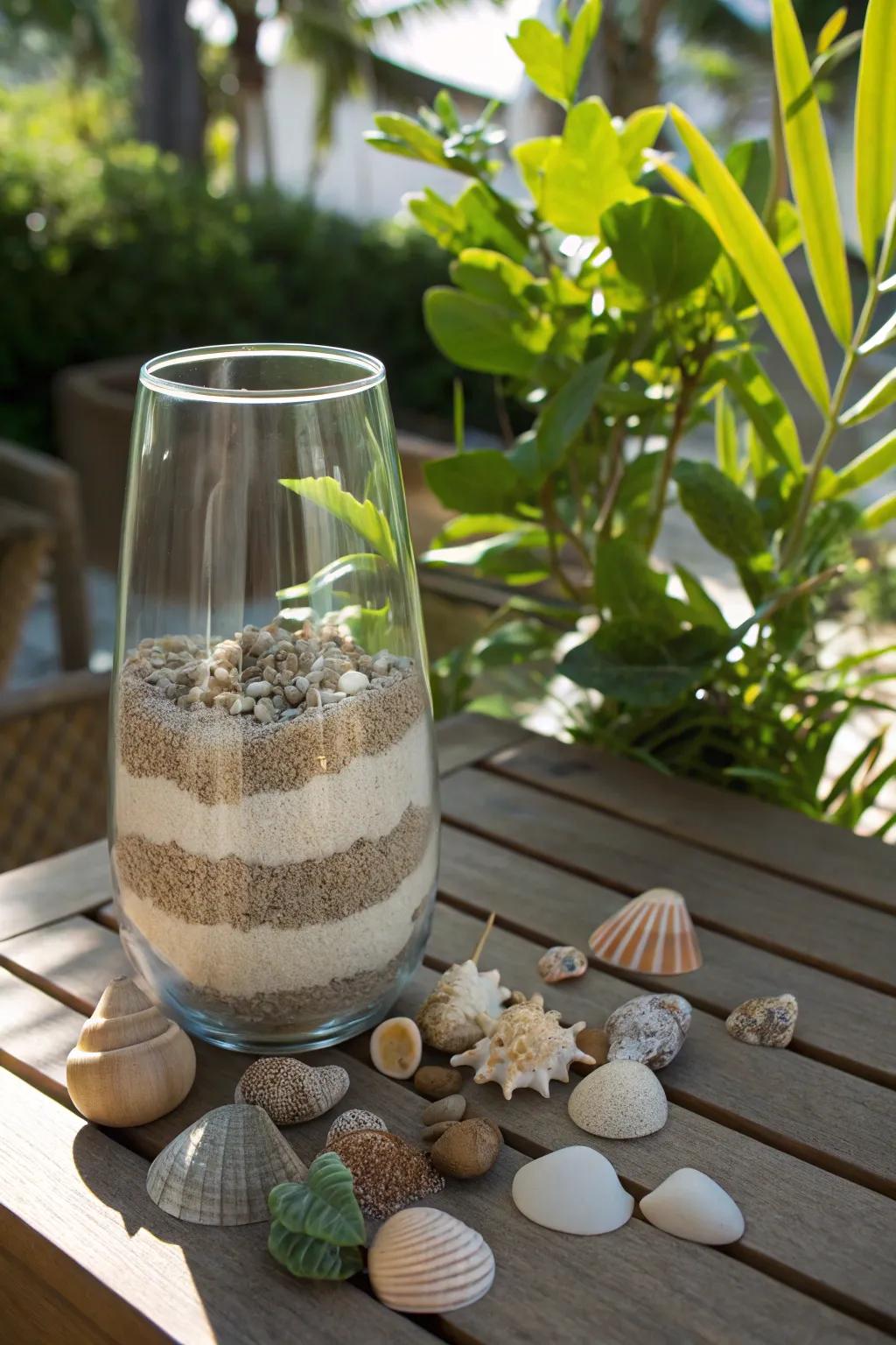 Layered sand and pebbles create a beach scene.