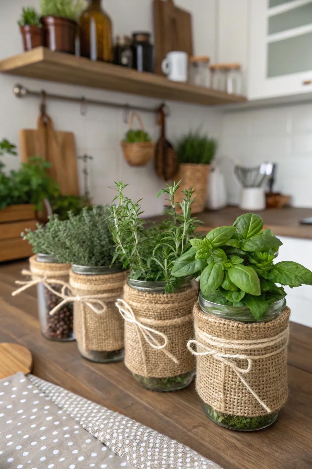 Burlap and twine add warmth and texture to decor.