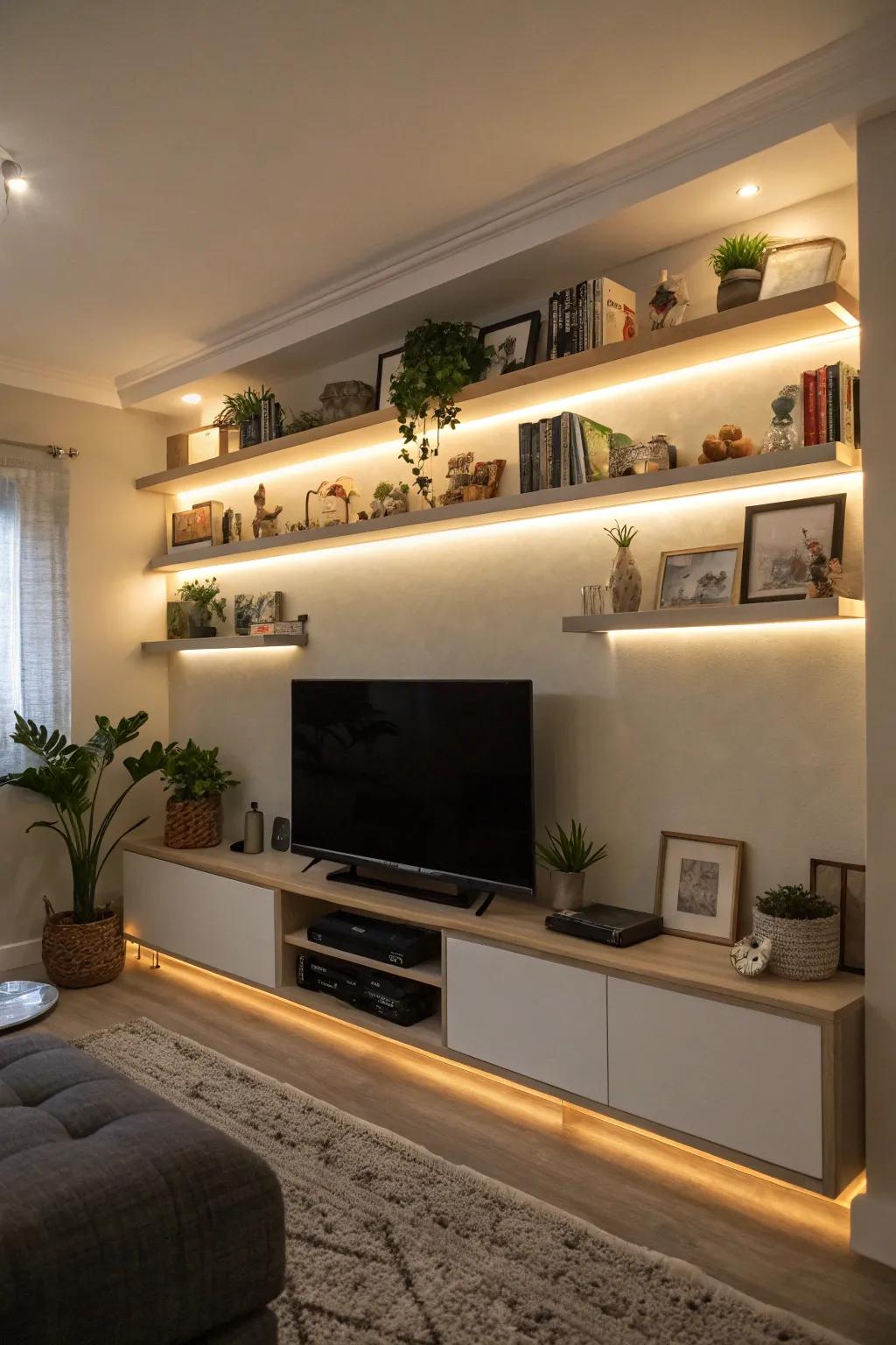 Enhance ambiance with lighting on your floating shelves.