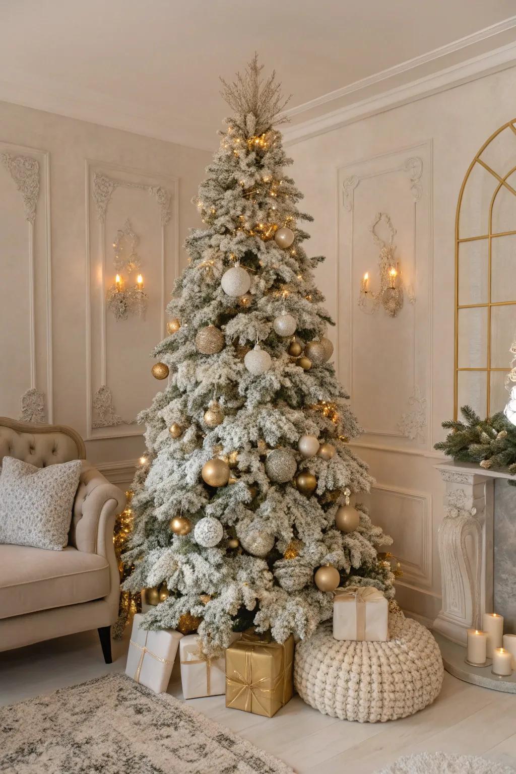 A glitzy neutral-themed flocked Christmas tree.