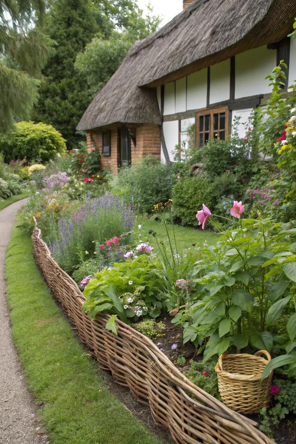 Woven willow branches offer a charming, cottage-like flower bed border.