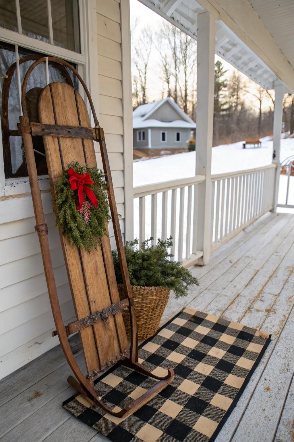 A vintage sled adds nostalgic charm to your porch decor.