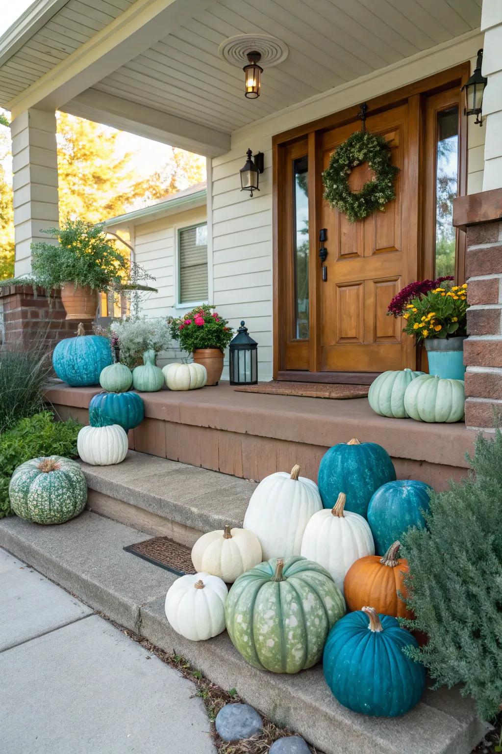 Unexpected colors add a modern twist to traditional pumpkin decor.