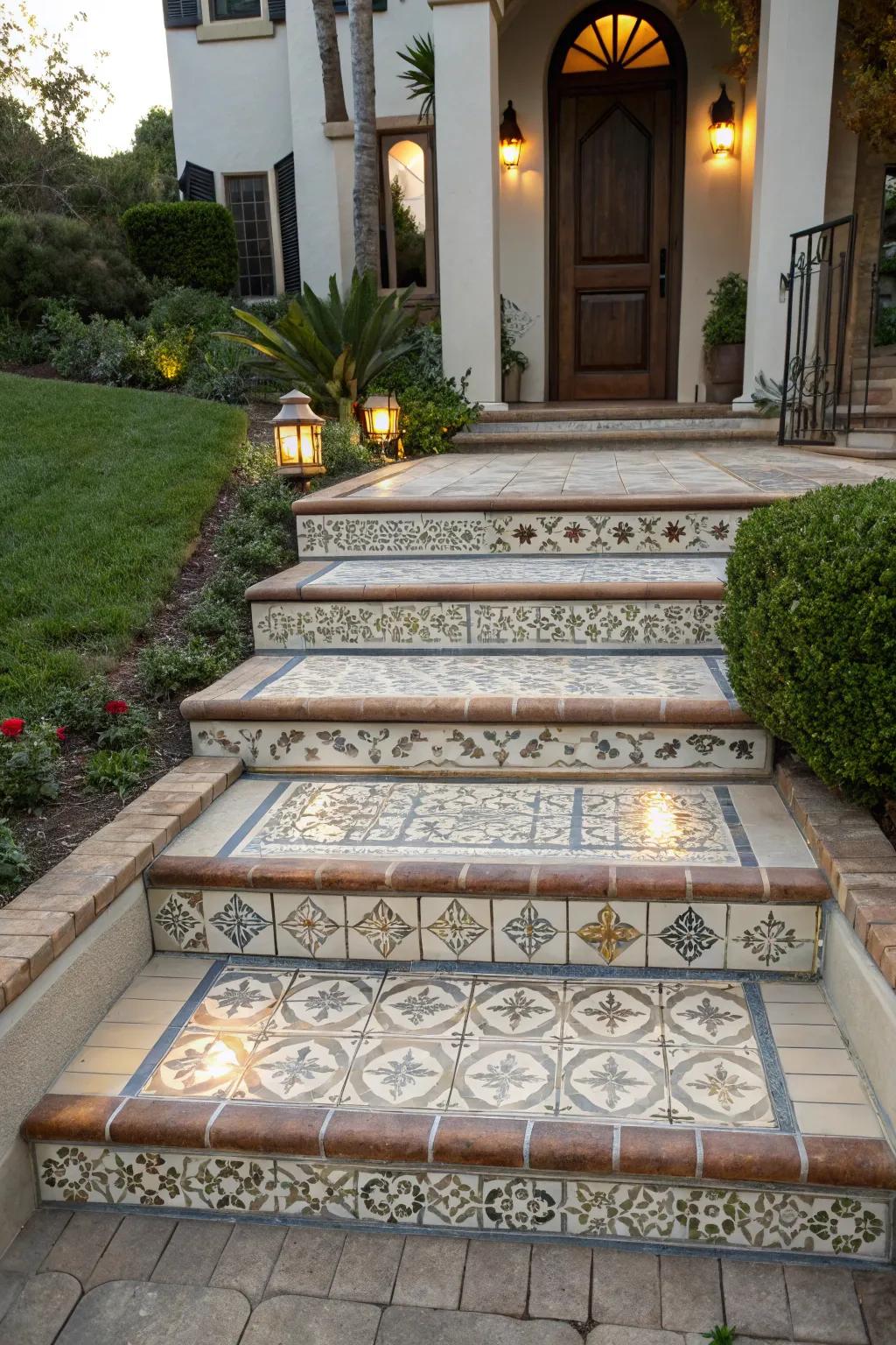 Tiled step faces add texture and charm to your entryway.