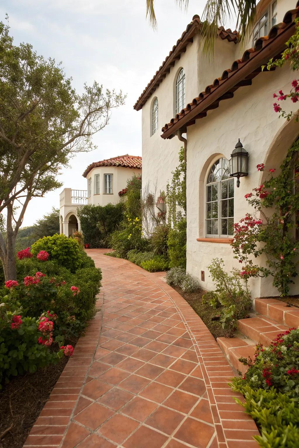 Terracotta pavers infuse your walkway with Mediterranean warmth.