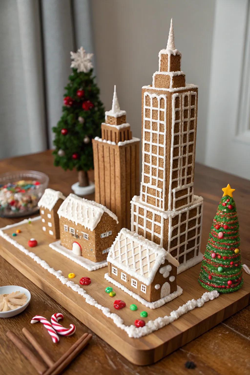 A miniature cityscape gingerbread structure