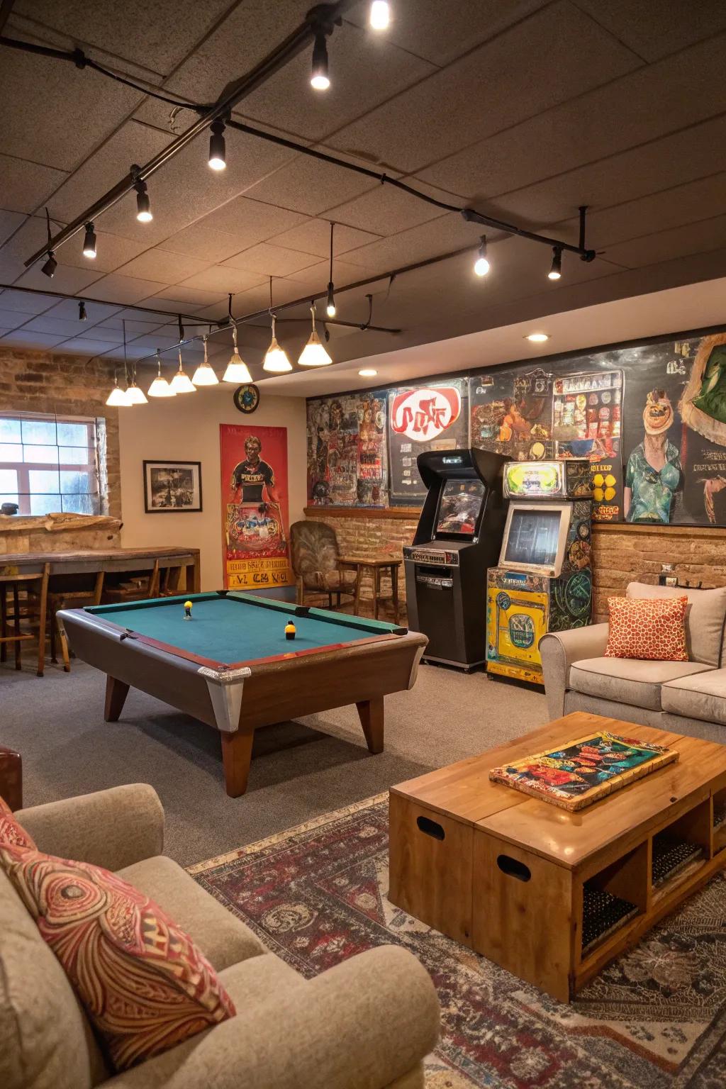 A budget-friendly basement game room with creative flair.