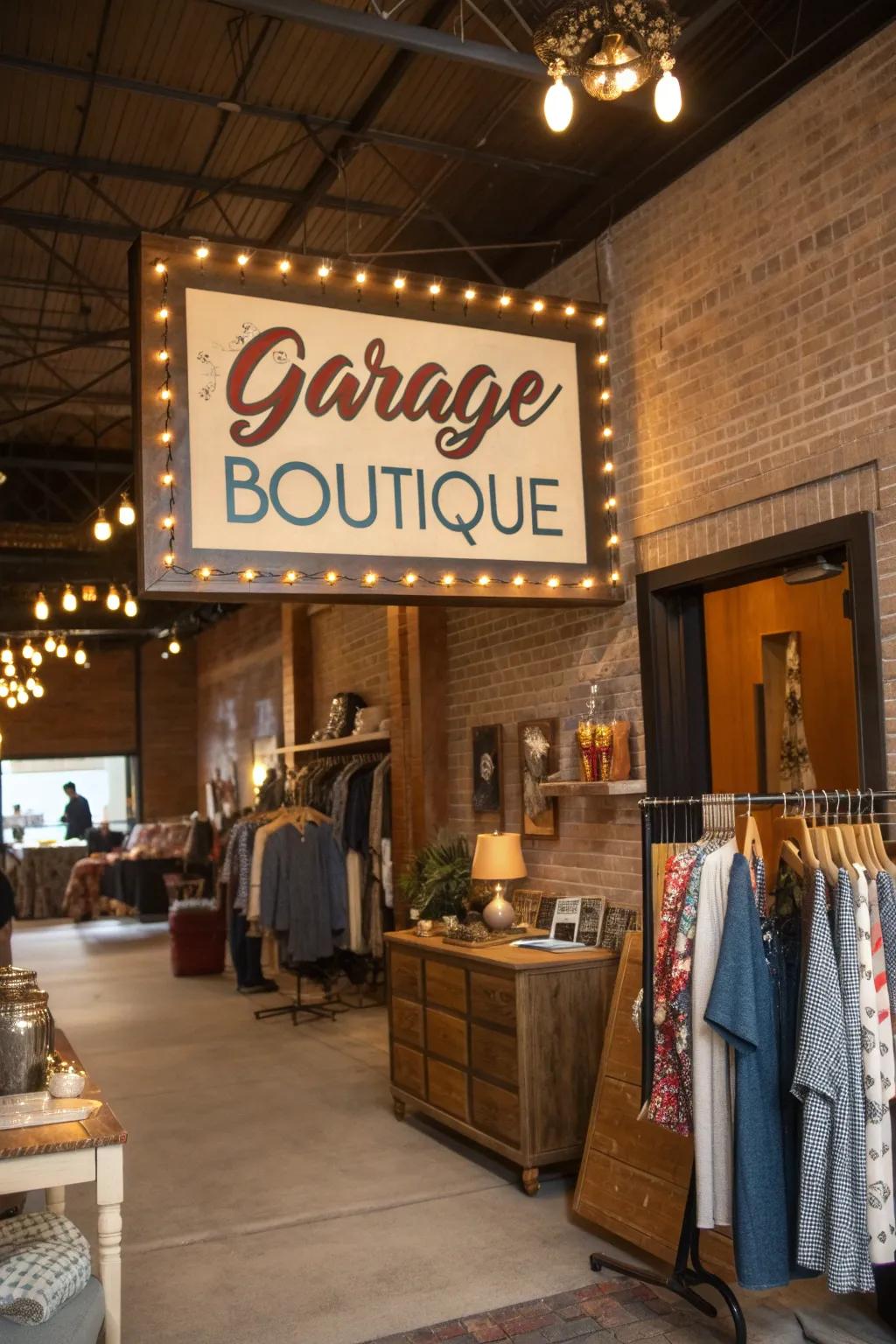 Personalized signage providing a branded feel in a garage boutique.