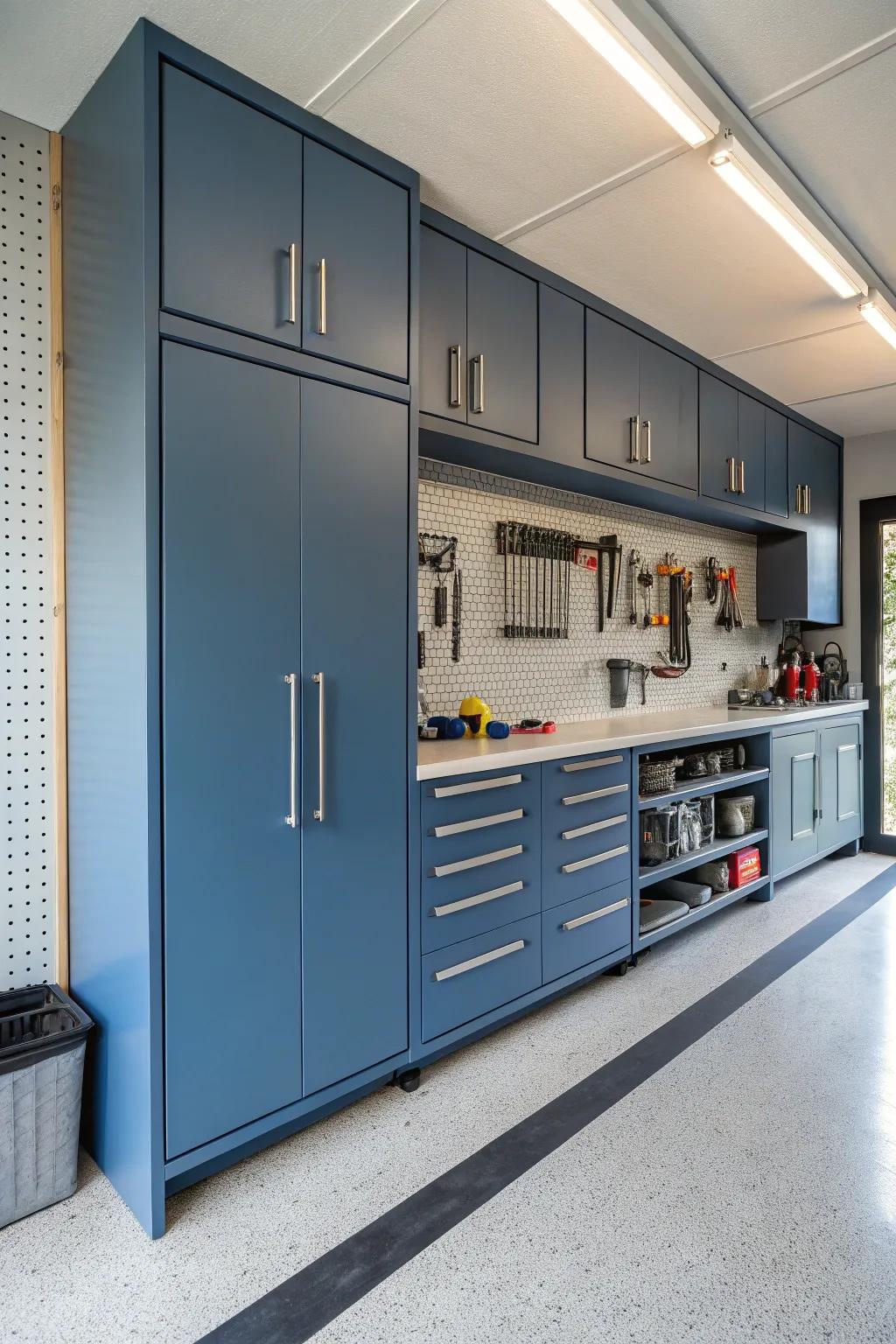 Steel blue cabinets provide a cool, calming vibe.