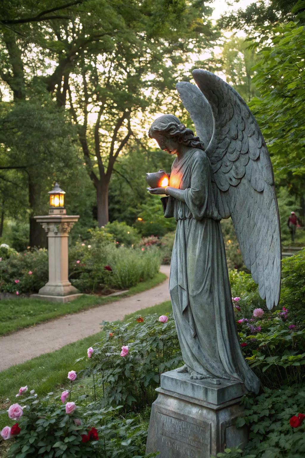 Symbolic angel holding a heart in the garden.