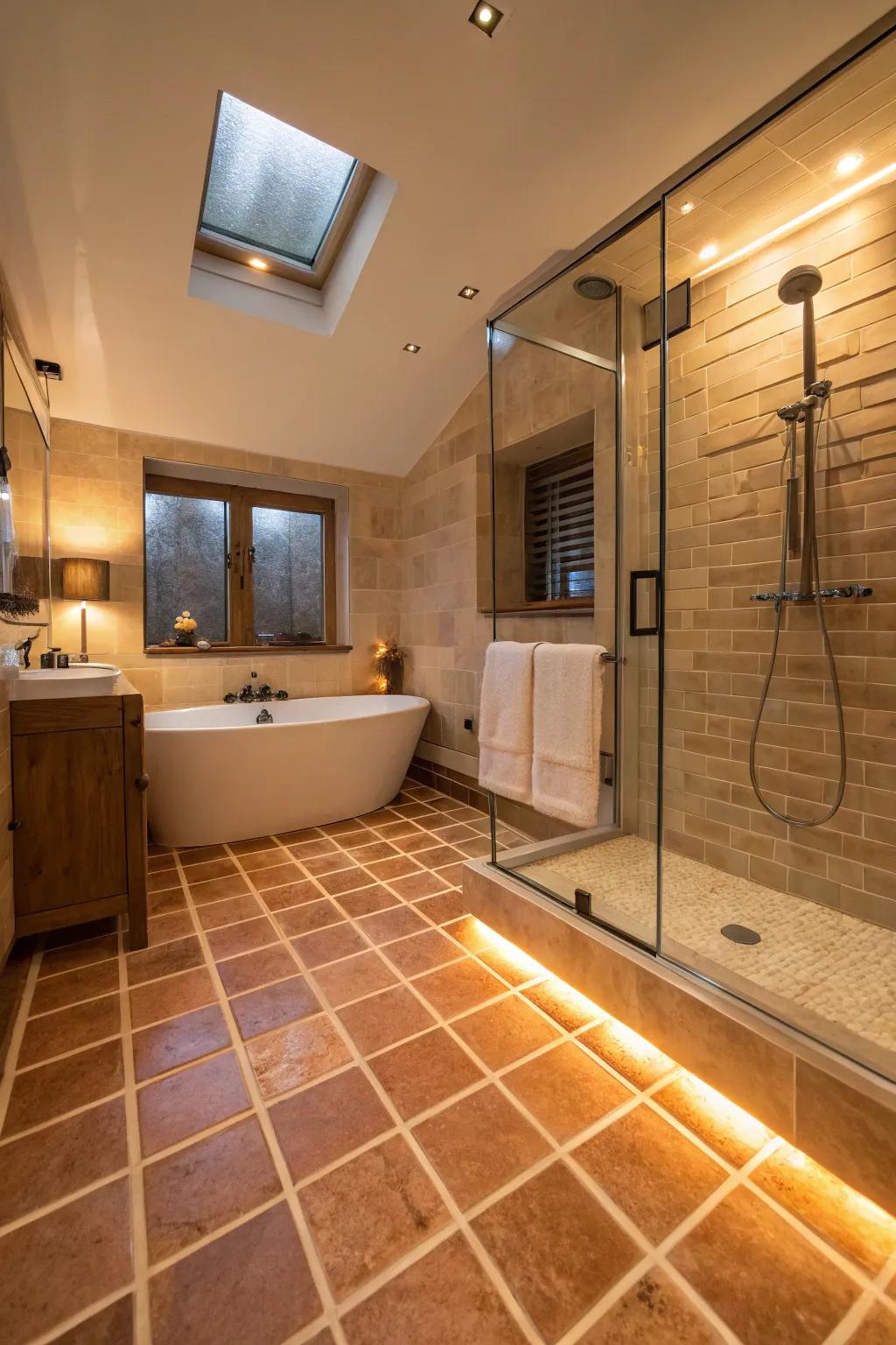 A cozy bathroom featuring heated floor tiles.