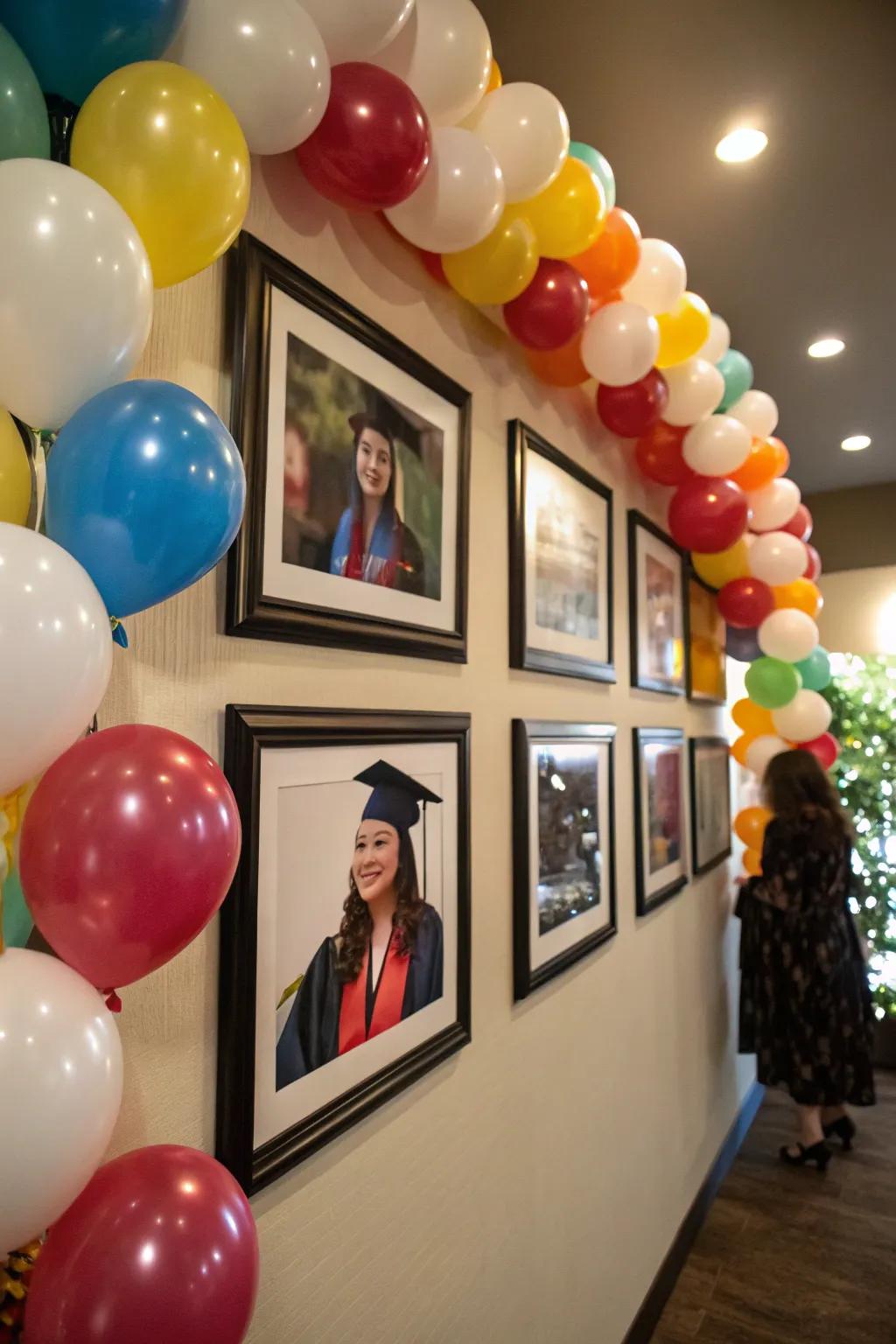 A heartfelt balloon wall displaying memories and achievements.