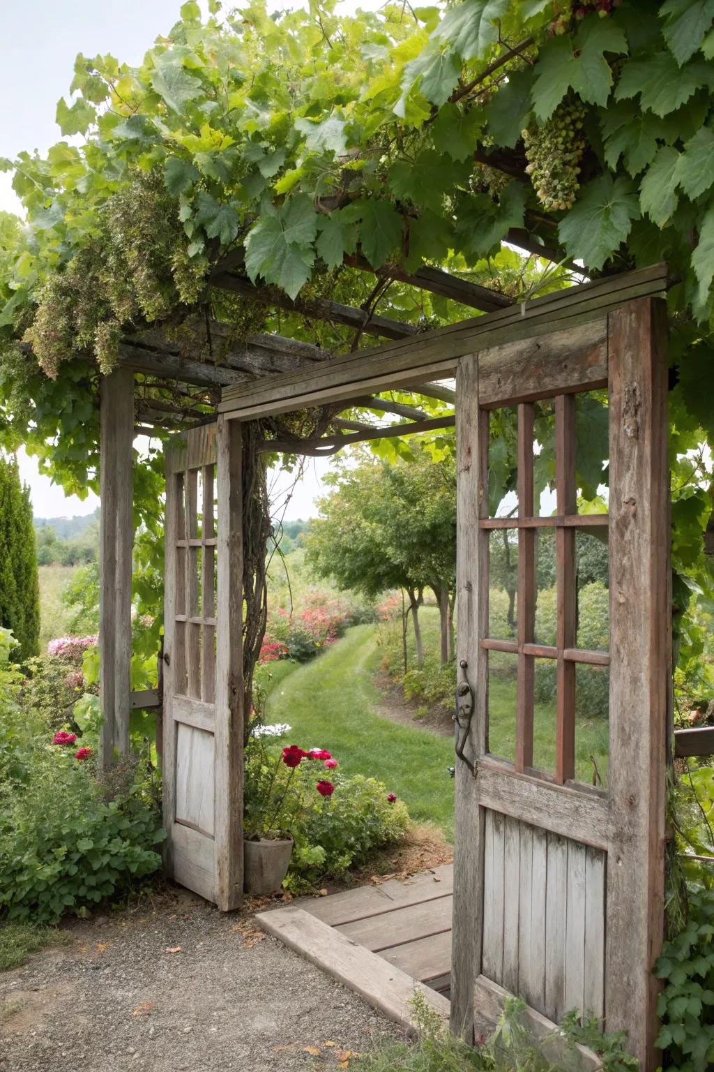 A creative grape arbor crafted from repurposed materials.