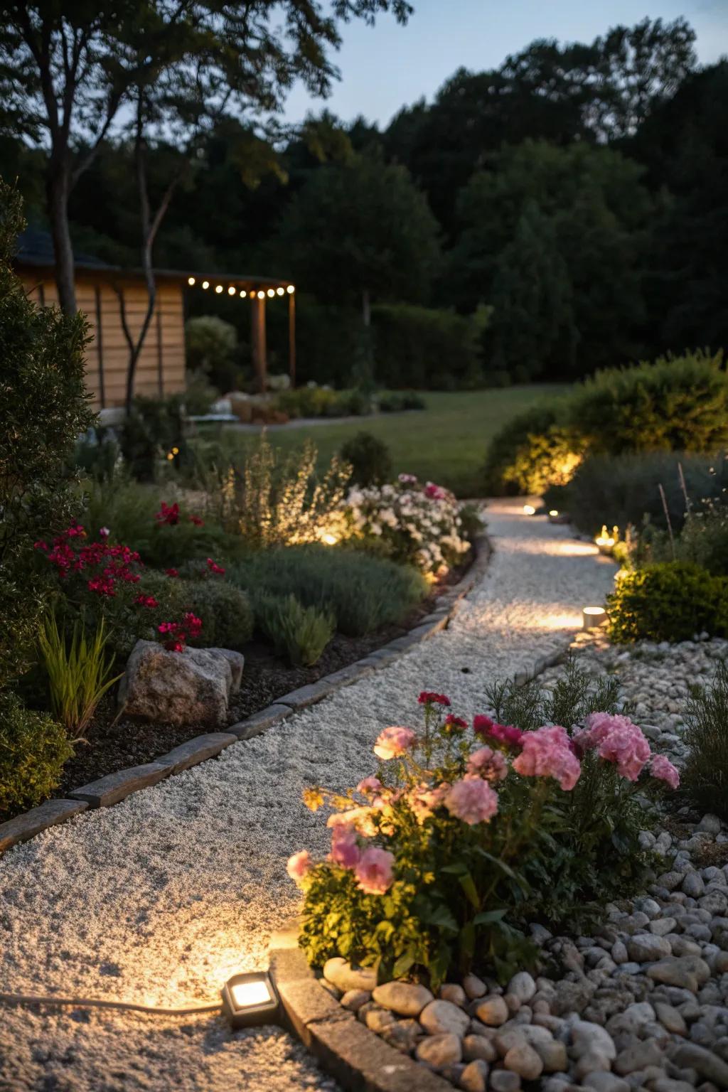 A gravel flower bed beautifully lit for nighttime ambiance