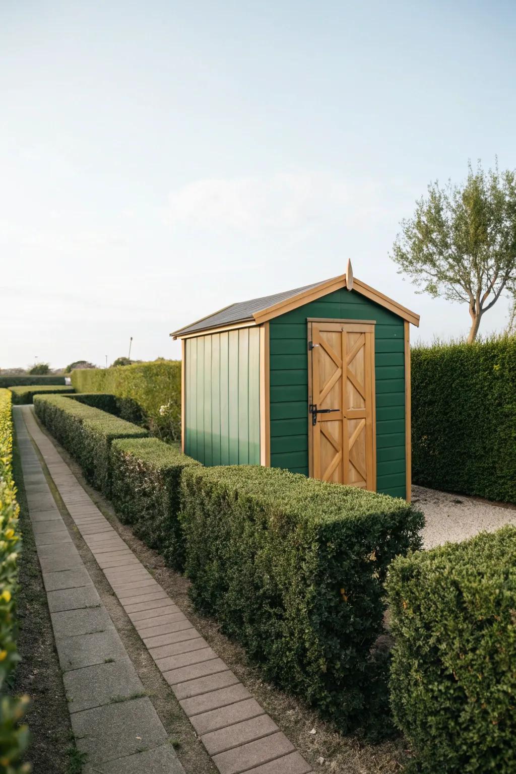 A green and tan shed offers a timeless and classic appeal.