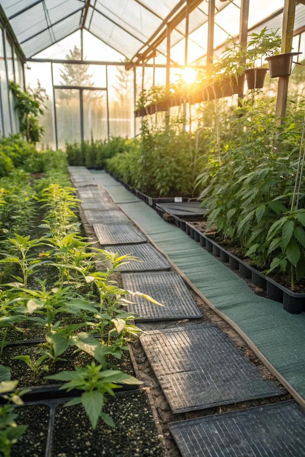 Weed barrier mats keep your greenhouse tidy and weed-free.