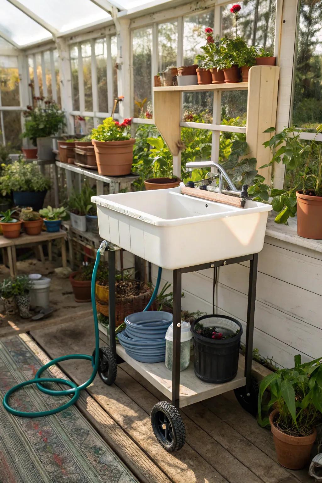 A portable sink that offers flexibility for dynamic greenhouse arrangements.