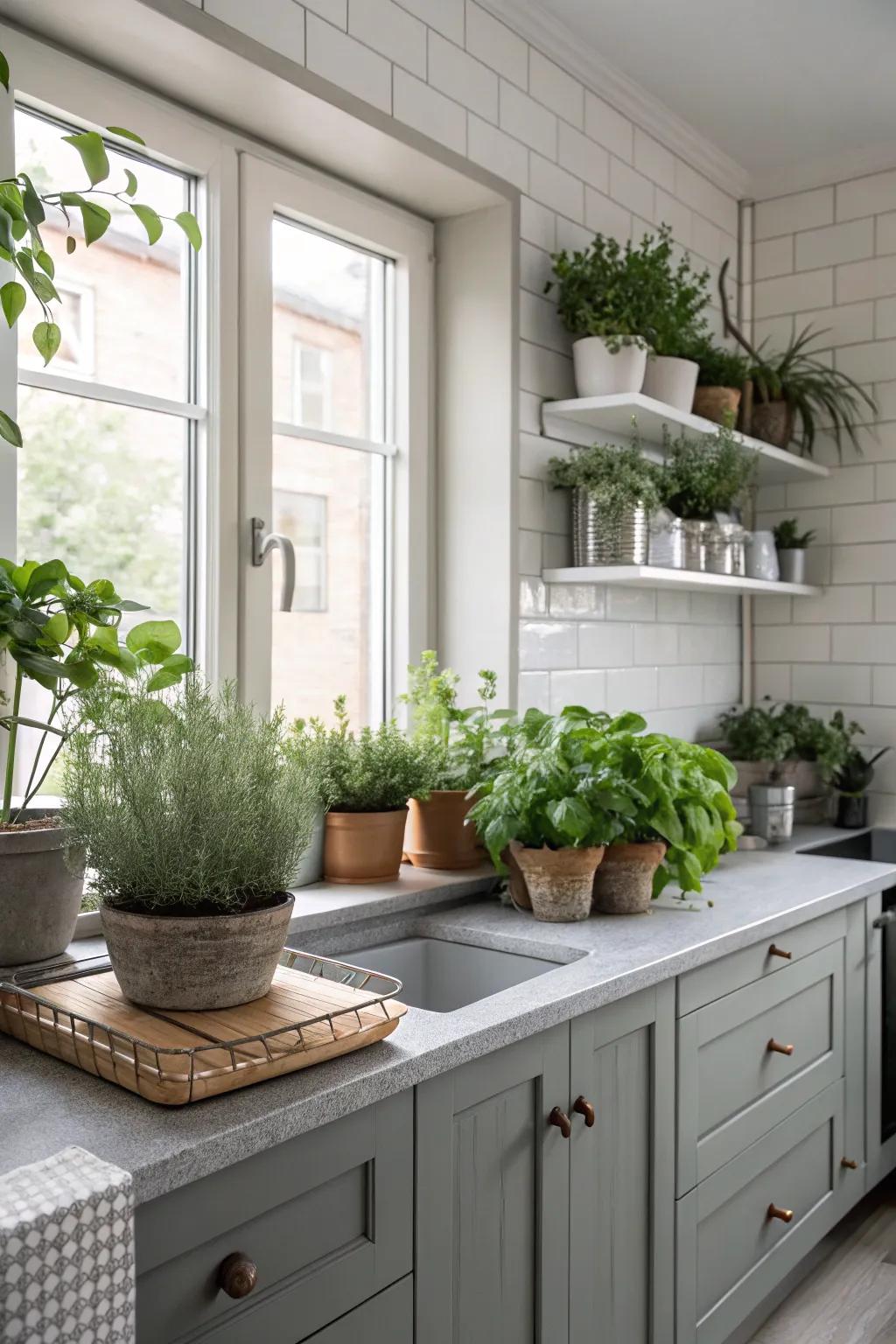 Greenery adds life and vibrancy to a grey kitchen.