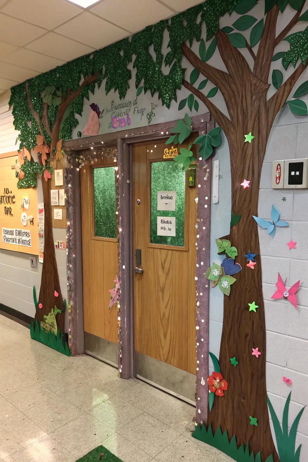 An enchanted forest door, sparkling with Halloween magic.