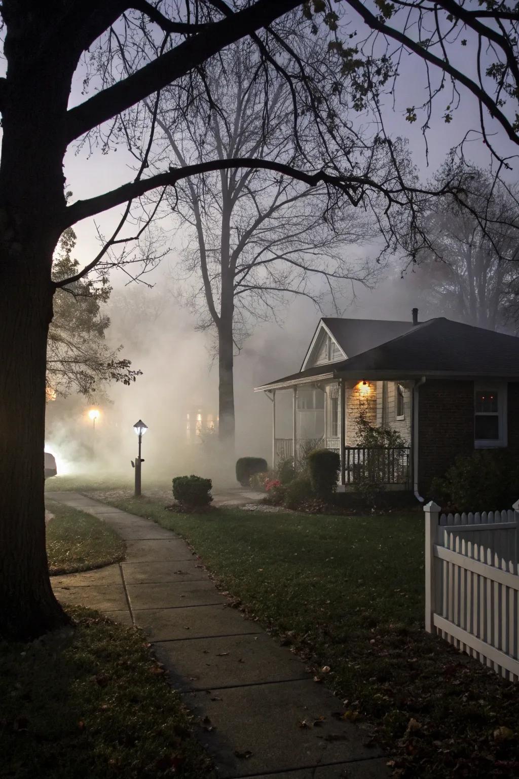 Eerie fog drifting through a Halloween-themed yard.