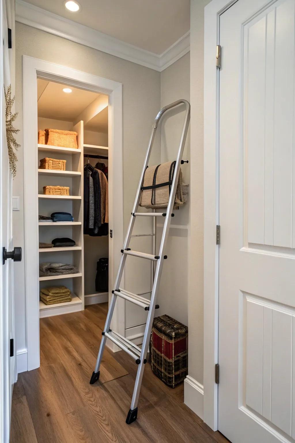 A foldable ladder tucked neatly in a hallway closet for reaching high shelves.