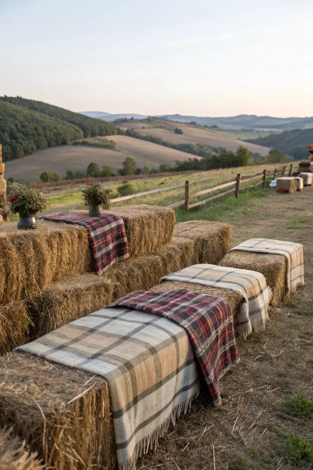 Rustic hay bale seating for a harvest gathering.