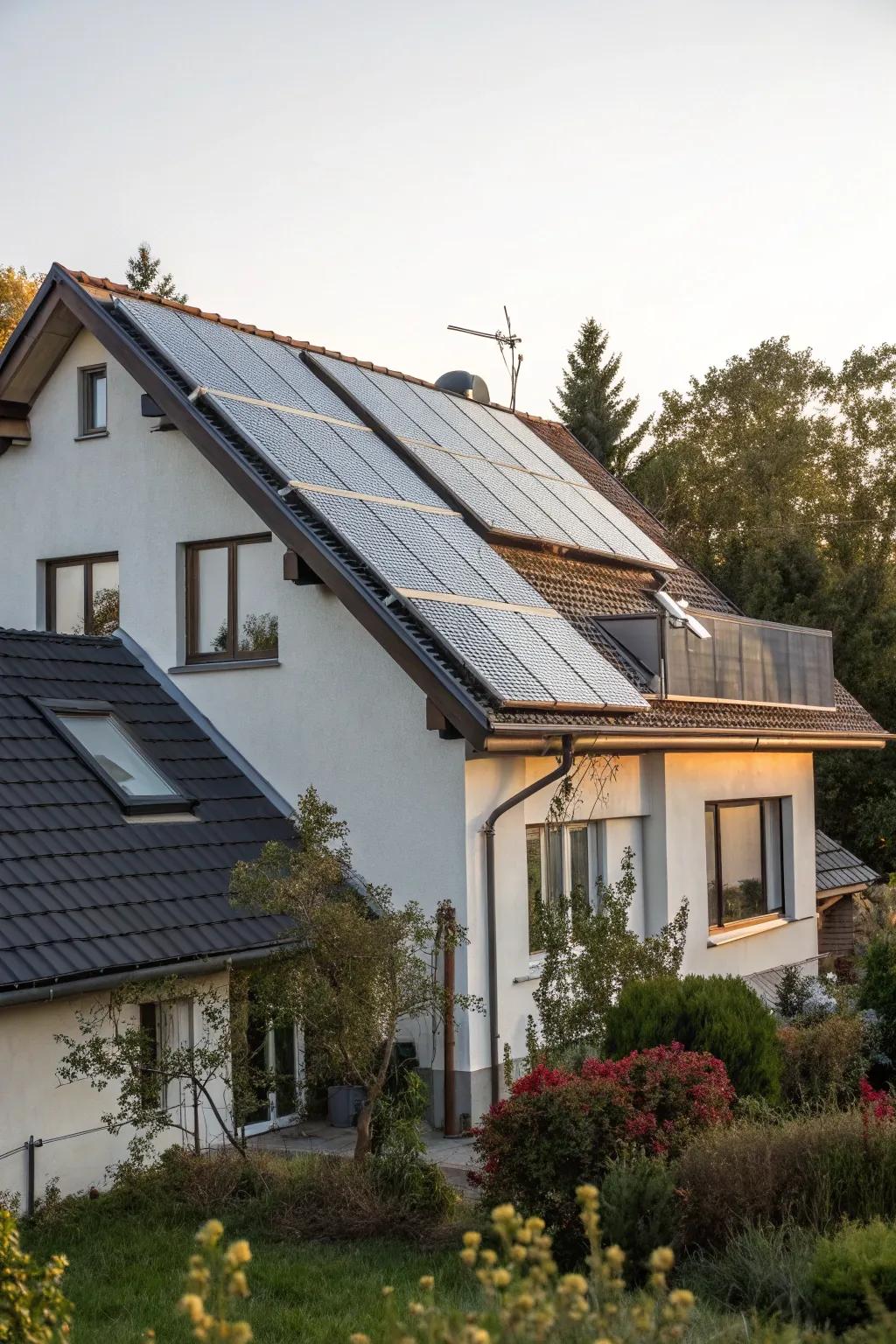 A house roof featuring solar heating panels, exemplifying eco-friendly and sustainable design.