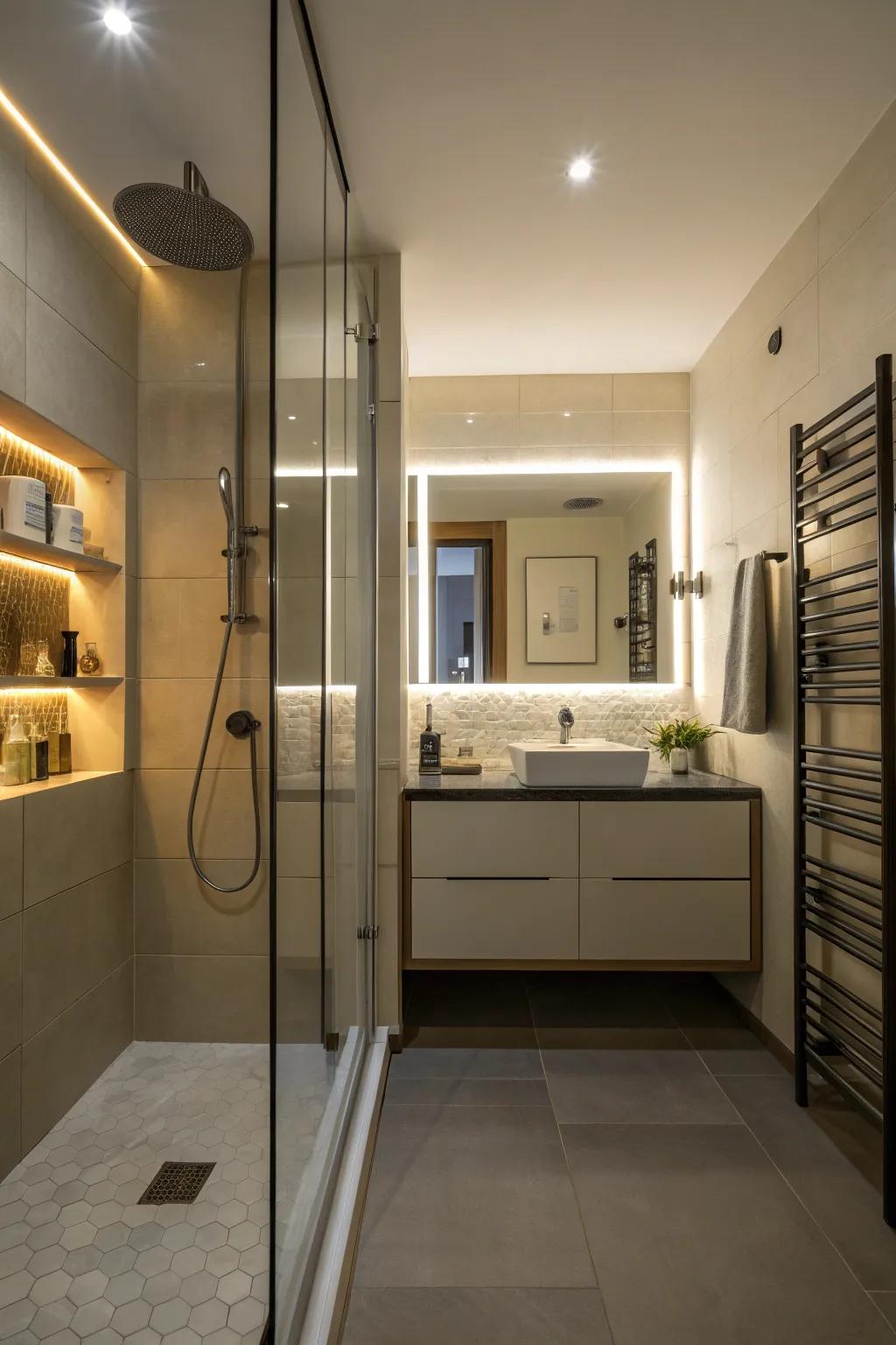 Hidden lighting transforms the shower into a relaxing oasis.